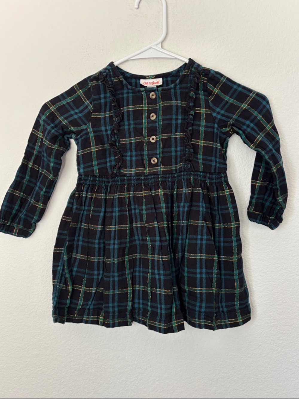 Cat & Jack Black and Green Plaid Long-Sleeve Girls Dress tartan print